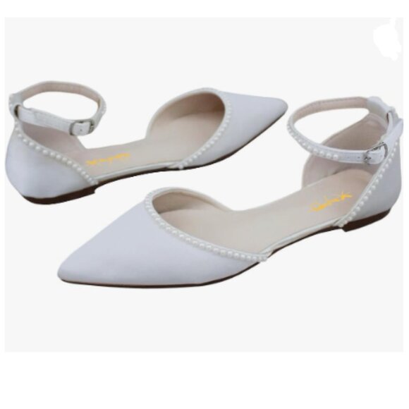 XYD White Pearl Pointed Toe Ankle Strap Flats D'Orsay Wedding Sandals Comfy Shoe - Picture 1 of 8
